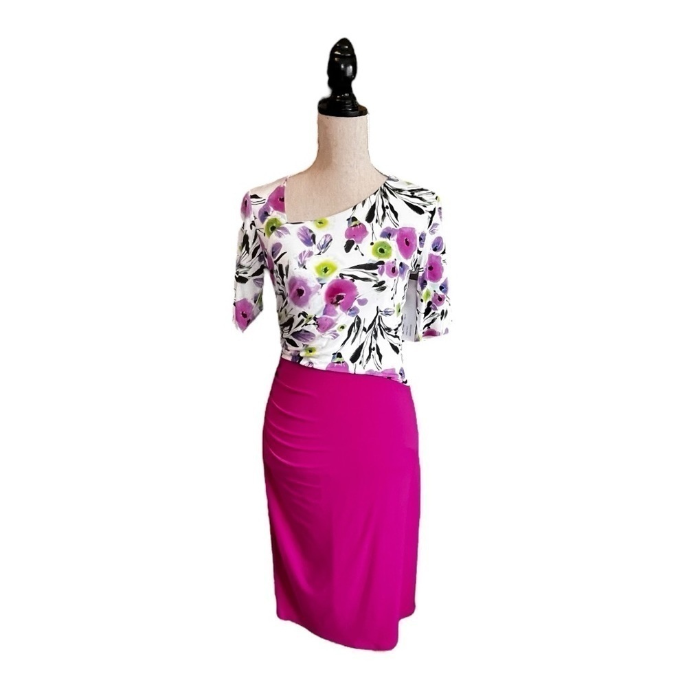 Joeffer Caoc Pull On Floral & Colourblock Stretch Dress in White & Pink & Multi